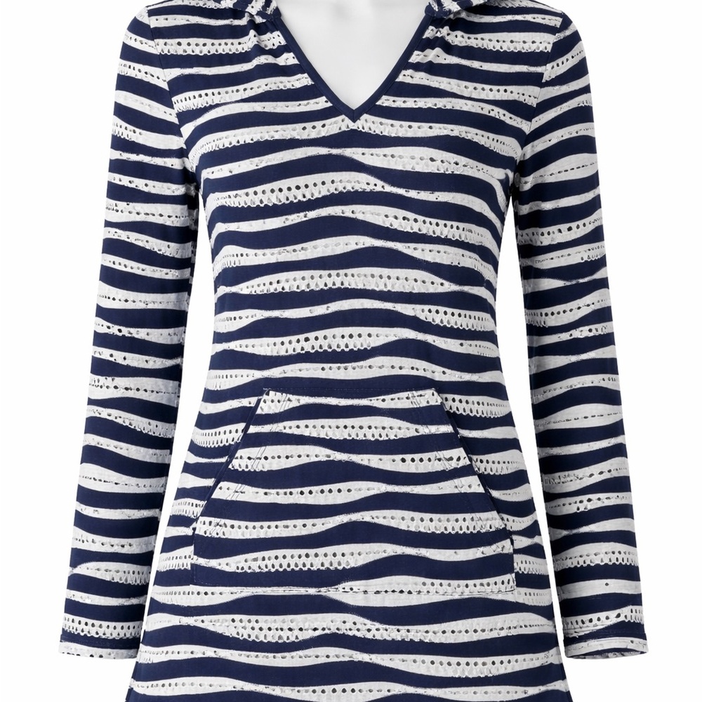 Hooded Swimsuit Cover-Up – Medium – Navy & White Stripe – Kangaroo Pocket